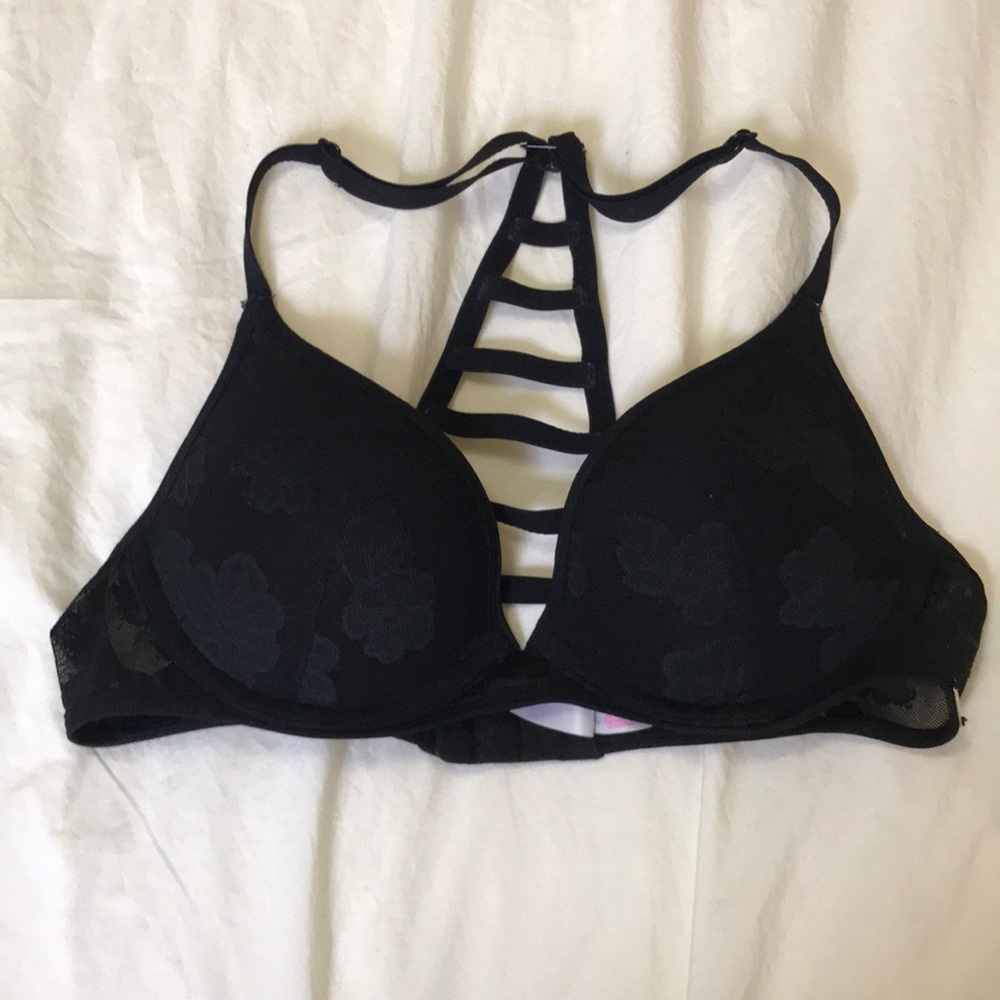 PINK Black floral lace lace-up back bra